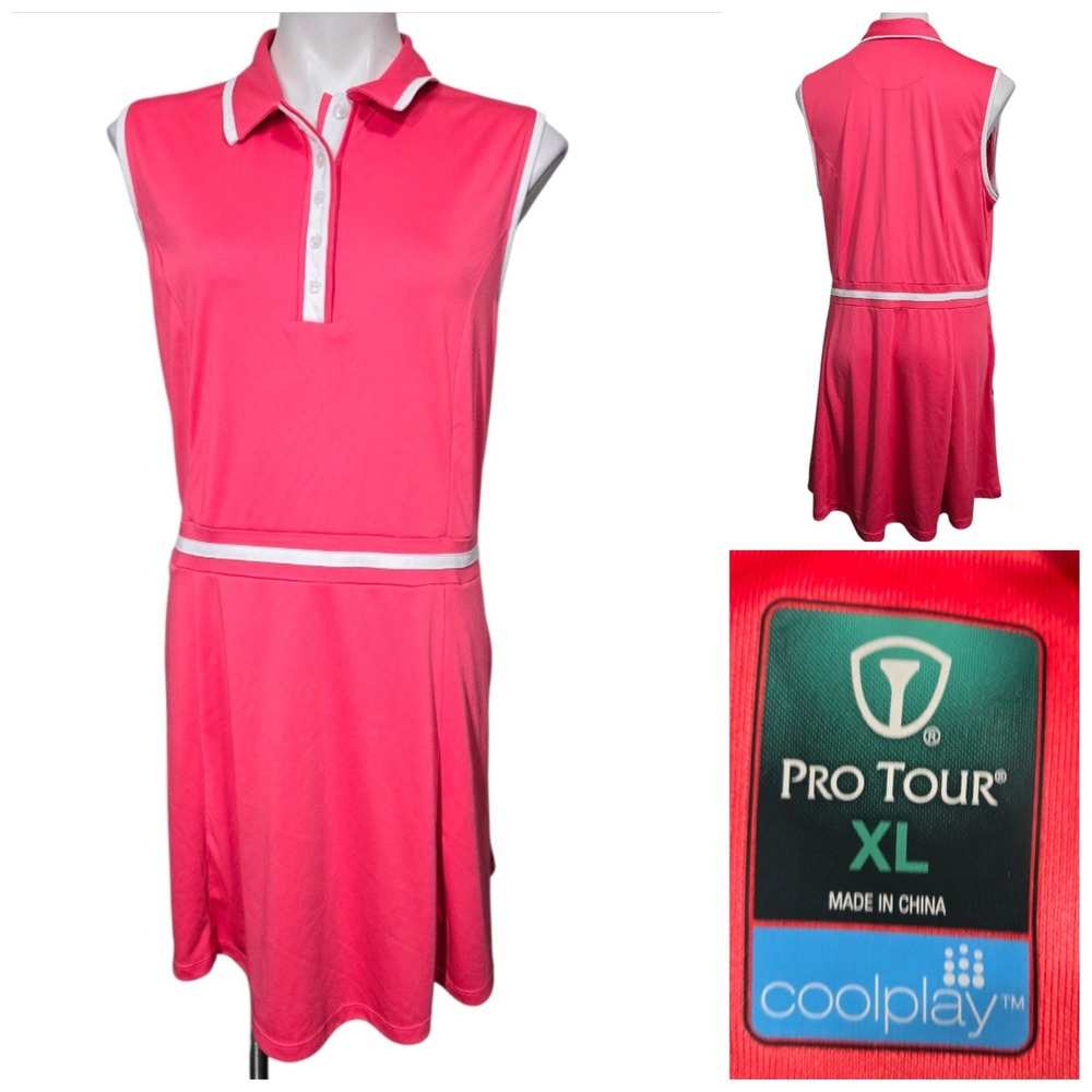 Pro Tour Coolplay Womens Pink Sleeveless Golf Tennis Dress XL Polo Collar Trim